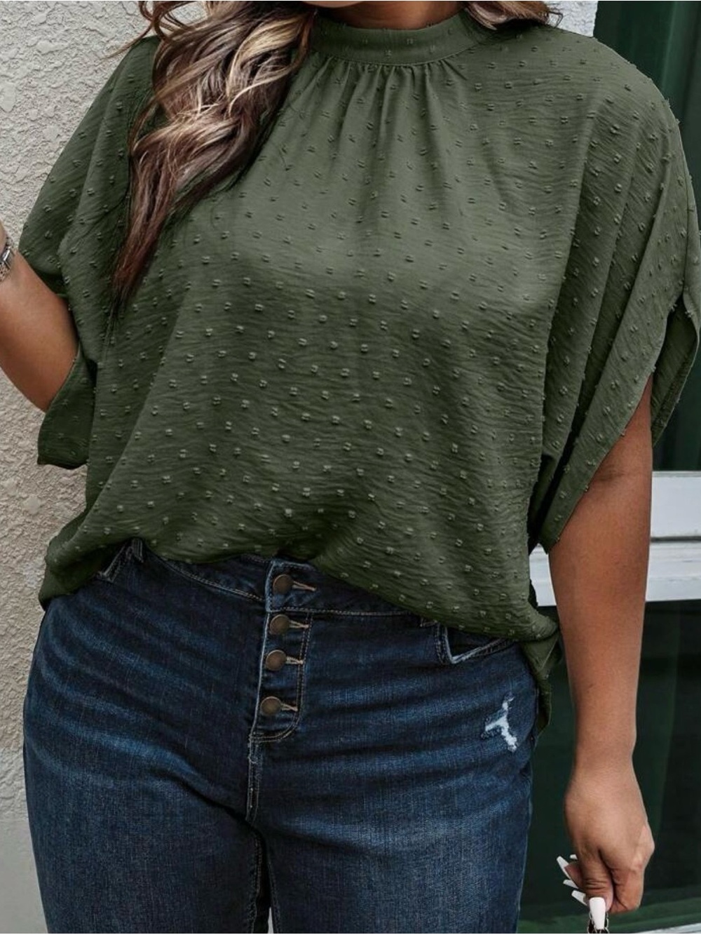 Green Swiss Dot Short Sleeve Blouse - Women's Top
